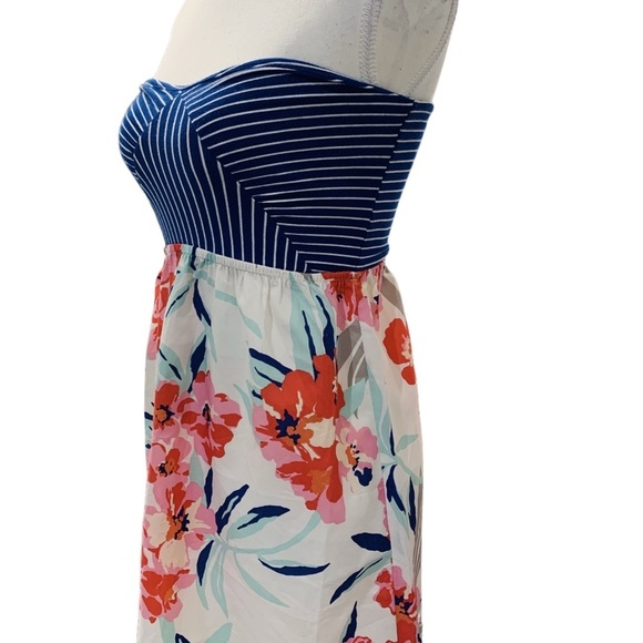 Roxy Strapless Blue and White Striped Floral Mini Dress Size M - Picture 4 of 7